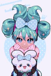 Rule 34 | 1girl, blue bow, bow, cinnamiku, cinnamoroll, folded twintails, grey eyes, hair bow, hands up, hatsune miku, highres, looking at viewer, polka dot, polka dot bow, sanrio, smile, tied ears, updo, upper body, vocaloid, yooki (winter cakes)
