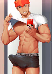 Rule 34 | 1boy, abs, alternate costume, aqua eyes, bare pectorals, biceps, black hair, black male underwear, boxers, bulge, casual, clothes lift, commission, creatures (company), dark-skinned male, dark skin, earrings, erection, erection under clothes, game freak, head tilt, holding, holding phone, jewelry, kashi kosugi, large pectorals, lifted by self, male focus, male underwear, muscular, muscular male, navel, navel hair, nintendo, nipples, pectorals, phone, pokemon, pokemon swsh, raihan (pokemon), selfie, shirt, shirt lift, short hair, smirk, solo, tareme, thighs, underwear, white shirt