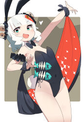 1girl absurdres animal_ears black_bow black_leotard blunt_bangs blush border bow breasts brown_background bun_cover covered_navel detached_collar double_bun dutch_angle fake_animal_ears fake_tail fang feet_out_of_frame fish green_eyes grey_hair hair_bun heart highleg highleg_leotard highres kometsubu leotard original outside_border oversized_breast_cup playboy_bunny rabbit_ears rabbit_tail shawl short_hair side-tie_leotard skin_fang small_breasts solo star_(symbol) strapless strapless_leotard tail v-shaped_eyebrows white_border