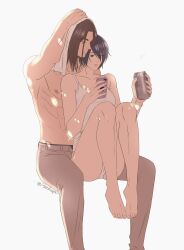 Rule 34 | 13nohuyu, 1boy, 1girl, absurdres, bare arms, bare shoulders, barefoot, black hair, breasts, brown hair, camisole, can, couple, eren yeager, feet out of frame, full body, green eyes, grey eyes, grey pants, hair between eyes, hetero, highres, holding, holding can, holding phone, holding towel, medium breasts, medium hair, mikasa ackerman, no pants, panties, pants, parted lips, phone, shingeki no kyojin, shirt, short hair, sitting, topless male, towel, towel on head, twitter username, underwear, white panties, white shirt