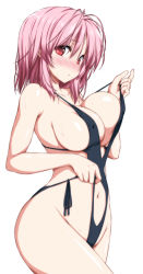 Rule 34 | 1girl, bare arms, bare shoulders, black one-piece swimsuit, blush, breasts, clothing cutout, collarbone, commentary request, covered erect nipples, cowboy shot, groin, hair between eyes, hand up, highres, large breasts, looking at viewer, navel, navel cutout, no headwear, nori tamago, nose blush, one-piece swimsuit, pink hair, red eyes, saigyouji yuyuko, short hair, side-tie swimsuit, sidelocks, simple background, solo, standing, stomach, strap pull, sweat, swimsuit, thighs, touhou, white background