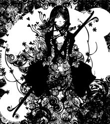 Rule 34 | 1girl, abstract, flower, goth fashion, greyscale, heart, kazaana, lips, monochrome, psychedelic, solo, standing