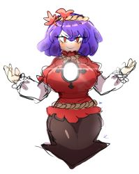 Rule 34 | 1girl, absurdres, arms at sides, breasts, emerald kitty, highres, hourglass, large breasts, looking at viewer, purple hair, red eyes, smile, solo, thick thighs, thighs, touhou, wide hips, yasaka kanako