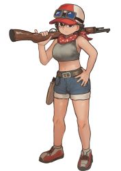 Rule 34 | 1girl, absurdres, bandana, belt, black eyes, blue shorts, chanta (ayatakaoisii), full body, goggles, goggles on headwear, gun, hand on own hip, hat, highres, holding, holding gun, holding weapon, midriff, navel, original, red bandana, rifle, shoes, shorts, simple background, solo, standing, weapon, white background