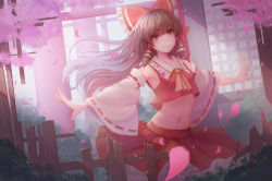Rule 34 | 1girl, adapted costume, ascot, bad id, bad pixiv id, bare shoulders, blush, bow, brown hair, catsmoon, cherry blossoms, crop top, crop top overhang, dappled sunlight, detached sleeves, hair bow, hair tubes, hakurei reimu, highres, long hair, midriff, navel, outstretched arms, petals, petticoat, red bow, red eyes, red skirt, ribbon-trimmed sleeves, ribbon trim, skirt, skirt set, smile, solo, spread arms, sunlight, touhou, wide sleeves