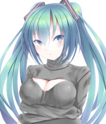 Rule 34 | 1girl, aqua eyes, aqua hair, breasts, cleavage, cleavage cutout, clothing cutout, crossed arms, hatsune miku, kiseno, long hair, medium breasts, meme attire, open-chest sweater, ribbed sweater, simple background, solo, sweater, turtleneck, twintails, vocaloid, white background