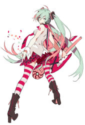 Rule 34 | 1girl, aqua eyes, aqua hair, boots, cross-laced footwear, guitar, hatsune miku, headset, high heel boots, high heels, instrument, lace-up boots, long hair, necktie, shoes, skirt, smile, solo, starshadowmagician, striped clothes, striped thighhighs, thighhighs, twintails, very long hair, vocaloid