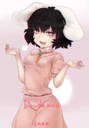 Rule 34 | 1girl, animal ears, artist name, black hair, blush, breasts, carrot necklace, commentary request, cowboy shot, dress, floppy ears, frilled dress, frilled sleeves, frills, hair between eyes, highres, inaba tewi, jewelry, looking at viewer, necklace, open mouth, pink dress, puffy short sleeves, puffy sleeves, rabbit ears, red eyes, ribbon-trimmed dress, sakai-saka, short hair, short sleeves, shrugging, small breasts, solo, touhou, wavy hair