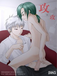 Rule 34 | 2boys, anal, blush, cigarette, clothed on nude, green hair, hirohide, lowres, male focus, male penetrated, multiple boys, nude, open clothes, open shirt, penis, piercing, red eyes, sex, shirt, silver hair, smile, yaoi