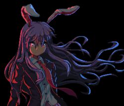 Rule 34 | 1girl, animal ears, black background, blazer, closed mouth, collared shirt, commentary, jacket, long hair, long sleeves, looking at viewer, necktie, pink eyes, pixel art, potemki11, purple hair, rabbit ears, rabbit girl, red necktie, reisen udongein inaba, shirt, simple background, smile, solo, touhou, upper body, white shirt