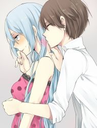 Rule 34 | 1boy, 1girl, akatsuki kouya, aqua eyes, aqua hair, blush, brown hair, camisole, closed eyes, couple, embarrassed, frilled camisole, frills, from side, hair down, half-closed eyes, hatsune miku, heart, hetero, highres, kiss, kiss from behind, kissing neck, lace-trimmed camisole, lace trim, long hair, looking down, messy hair, open clothes, open shirt, pink camisole, polka dot camisole, profile, romeo to cinderella (vocaloid), shirt, smile, unbuttoned, unbuttoned shirt, very long hair, vocaloid, white shirt