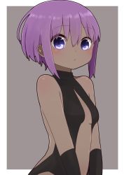 Rule 34 | 1girl, bare shoulders, black bodysuit, blush, bodysuit, breasts, center opening, closed mouth, covered collarbone, dark-skinned female, dark skin, fate/prototype, fate/prototype: fragments of blue and silver, fate (series), grey background, hair between eyes, hassan of serenity (fate), highres, i.u.y, purple eyes, purple hair, sidelocks, small breasts, solo, two-tone background, upper body, white background