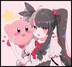 Rule 34 | 1girl, :d, black border, black bow, black hair, blush, blush stickers, border, bow, bowtie, breasts, commentary request, gloves, hair ornament, hair ribbon, hand up, heart, highres, kirby, kirby (series), letterboxed, lolowv, long hair, looking at viewer, multicolored hair, nijisanji, nintendo, open mouth, pink hair, puffy short sleeves, puffy sleeves, red bow, red eyes, red hair, ribbon, short sleeves, smile, split-color hair, streaked hair, striped, twintails, two-tone hair, upper body, virtual youtuber, white gloves, yorumi rena, yorumi rena (1st costume)
