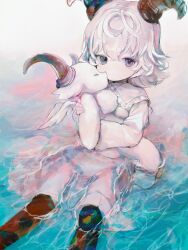 Rule 34 | 1girl, 1other, blue eyes, closed eyes, commentary request, creature, dress, expressionless, frilled shirt collar, frills, highres, horns, hug, looking at viewer, medium hair, mercure 1104, original, partially submerged, sitting, sketch, water, white dress, white hair, wings