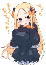 Rule 34 | 1girl, abigail williams (fate), black bow, black dress, black hat, blonde hair, blue eyes, blush, bow, colored skin, commentary request, dress, fate/grand order, fate (series), forehead, hair bow, hat, highres, long hair, orange bow, parted bangs, purple bow, red eyes, shiromanta, sleeves past fingers, sleeves past wrists, solo, top hat, translated, very long hair, white skin