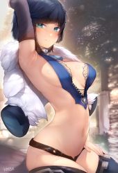 Rule 34 | 1girl, arm up, armpits, blunt bangs, blush, breasts, cleavage, genshin impact, green eyes, highres, kimoshi, large breasts, looking at viewer, mole, mole on breast, navel, parted lips, short hair, smile, solo, thighhighs, yelan (genshin impact)