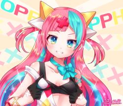 Rule 34 | 1girl, black gloves, blue bow, blue eyes, blue hair, blush, bow, breasts, brown background, collarbone, commentary request, crop top, double v, gloves, grin, hair ornament, half gloves, long hair, looking at viewer, multicolored hair, nanopai kakumeikokonoyu, off shoulder, pink hair, pinky pop hepburn, sample watermark, signature, small breasts, smile, solo, the moon studio, twitter username, two-tone hair, two side up, upper body, v, v-shaped eyebrows, virtual youtuber, watermark
