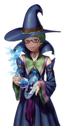Rule 34 | 1girl, beaker, blue dress, blue eyes, choker, detached sleeves, dress, female focus, glasses, green hair, hat, high collar, highres, holding, magic, nakanocchi, original, potion, red-framed eyewear, semi-rimless eyewear, simple background, smile, solo, white background, witch, witch hat