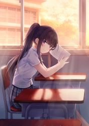 Rule 34 | 1girl, blush, book, building, classroom, closed mouth, commentary request, day, desk, from side, grey skirt, highres, holding, holding book, indoors, ipass (yi ka tong), lens flare, light particles, long hair, looking at viewer, on chair, plaid, plaid skirt, pleated skirt, ponytail, purple eyes, rio.lw, school uniform, shirt, short sleeves, sidelocks, sitting, skirt, smile, solo, striped clothes, striped shirt, sunlight, tree, vertical-striped clothes, vertical-striped shirt, window, xiao pa