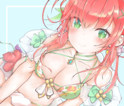 Rule 34 | bare shoulders, bikini, blush, breasts, flower print, from above, green bikini, green eyes, hair ornament, hairpin, highres, jewelry, large breasts, necklace, red hair, retang 8, simple background, smile, swimsuit, twintails