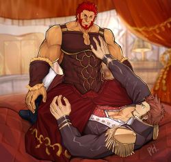 Rule 34 | 2boys, absurdres, anal, bara, beard, brown hair, cape, commentary request, cross scar, dark-skinned male, dark skin, dry humping, facial hair, fate/grand order, fate/zero, fate (series), highres, humping, implied yaoi, iskandar (fate), long sideburns, male focus, male penetrated, multiple boys, muscular, napoleon bonaparte (fate), pants, pectoral cleavage, pectorals, peterhl, red hair, scar, sideburns, smile, yaoi