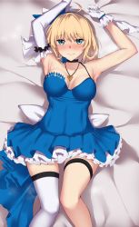 Rule 34 | 1girl, armpits, bare shoulders, black choker, blonde hair, blue dress, blue eyes, blush, breasts, choker, closed mouth, collarbone, commission, dress, elbow gloves, feet out of frame, female focus, fluegel (kaleido scope-710), girls&#039; frontline, gloves, hands up, highres, jewelry, long hair, looking at viewer, lying, m1911 (breaker of the sky) (girls&#039; frontline), m1911 (girls&#039; frontline), medium breasts, necklace, official alternate costume, on back, single thighhigh, skeb commission, solo, thighhighs, white gloves, white thighhighs