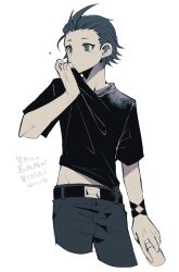 1boy arm_up armband belt belt_buckle black_armband black_belt black_hair black_shirt blue_eyes blue_pants buckle clothes_grab covered_mouth covering_own_mouth cropped_legs groin hair_behind_ear hair_slicked_back highres holding jewelry male_focus midriff_peek mochizuki_ryouji mole mole_under_eye pants persona persona_3 ring shirt solo t-shirt teketeke_(tasutekete) translation_request tsurime