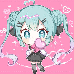 1girl absurdres aobahosino apron aqua_hair black_apron black_bow black_thighhighs bow candy chibi double_bun ear_piercing earrings food frilled_apron frills full_body hair_bow hair_bun hair_ornament hairpin hatsune_miku heart heart-shaped_food heart-shaped_lollipop heart-shaped_pupils heart_print highres holding holding_candy holding_food holding_lollipop jewelry jirai_kei lollipop long_hair long_sleeves piercing pink_background pink_bow puffy_long_sleeves puffy_sleeves shaped_lollipop shirt shoes solo symbol-shaped_pupils thighhighs twintails very_long_hair vocaloid white_shirt