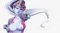 Rule 34 | 1girl, absurdres, black gloves, bodysuit, bracer, breasts, closed mouth, collarbone, colored skin, finger gun, flashing, gloves, hand up, head-mounted display, highres, huan tuo, makeup, mascara, medium breasts, nipples, nose, one breast out, one eye closed, overwatch, overwatch 1, pointing, pointing at viewer, pulled by self, purple hair, purple lips, purple skin, short sleeves, simple background, solo, turtleneck, upper body, vambraces, visor, white background, widowmaker (overwatch)