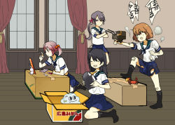 Rule 34 | 10s, 4girls, :d, ^ ^, against wall, ahoge, aiming, aiming at viewer, akebono (kancolle), anchor symbol, angry, animal, bandaid, bandaid on arm, bandaid on face, bandaid on knee, bandaid on leg, bell, bird, black hair, black socks, blouse, blue ribbon, blue skirt, bow, box, brown eyes, brown hair, burnt clothes, cannon, cardboard box, closed eyes, cloud, cosmetics, crab, crossed arms, curtains, flat chest, flower, hair bell, hair bobbles, hair flower, hair ornament, holding, holding animal, holding weapon, jingle bell, kantai collection, kneehighs, leaning back, lipstick tube, long hair, looking at viewer, makeup, makeup brush, midriff, mirror, multiple girls, neck ribbon, no shoes, oboro (kancolle), open mouth, penguin, pink hair, pleated skirt, pointing, purple hair, regain, ribbon, sazanami (kancolle), school uniform, scratches, serafuku, shirt, short hair, short sleeves, side ponytail, sitting, skirt, smile, smoke, socks, speech bubble, standing, stuffed animal, stuffed rabbit, stuffed toy, swept bangs, tassel, tears, torn clothes, torn skirt, translation request, turret, ushio (kancolle), wariza, wavy mouth, weapon, white shirt, window, wooden floor
