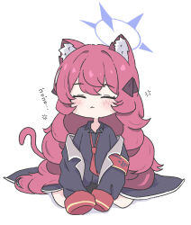 Rule 34 | 1girl, absurdres, animal ear fluff, animal ears, armband, black coat, black shirt, blue archive, blush, cat ears, cat tail, closed eyes, closed mouth, coat, collared shirt, halo, highres, iroha (blue archive), koucha (sr4ez), long hair, long sleeves, necktie, purple halo, red armband, red hair, red necktie, shirt, simple background, sleeping, solo, tail, white background