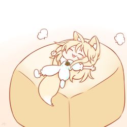 Rule 34 | 1girl, 216, animal ears, blonde hair, chibi, cushion, closed eyes, fox ears, fox tail, full body, green ribbon, hair between eyes, kudamaki tsukasa, long hair, open mouth, outstretched arms, ribbon, romper, short sleeves, smile, solo, spread arms, tail, touhou