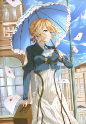 Rule 34 | 1girl, absurdres, blonde hair, blue eyes, blue jacket, blue sky, blue umbrella, bow, braid, breasts, building, closed mouth, cloud, day, dress, envelope, frilled umbrella, frills, hair bow, hair bun, highres, holding, holding umbrella, jacket, lamppost, looking away, looking to the side, medium breasts, mosta (lo1777789), outdoors, red bow, single hair bun, sky, solo, suitcase, umbrella, violet evergarden, violet evergarden (series), white dress, window