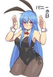 Rule 34 | 1girl, :&lt;, alternate costume, animal ears, bad id, bad pixiv id, black pantyhose, blue hair, blush, bow, breasts, cleavage, detached collar, fake animal ears, highres, hinanawi tenshi, large breasts, leotard, long hair, michihasu, pantyhose, pink eyes, playboy bunny, ribbon, simple background, solo, touhou, very long hair, white background, wrist cuffs