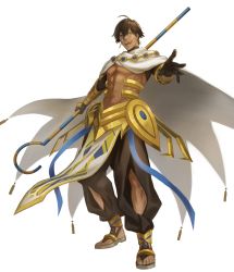 Rule 34 | 1boy, abs, absurdres, ahoge, bare pectorals, black gloves, brown hair, cape, dark skin, dark-skinned male, egyptian, egyptian clothes, fate/grand order, fate/prototype, fate/prototype: fragments of blue and silver, fate (series), full body, gauntlets, gloves, hair between eyes, highres, holding, holding staff, jewelry, looking at viewer, male focus, muscular, necklace, open mouth, ozymandias (fate), pectorals, saku (sakudeji), topless male, shrug (clothing), simple background, solo, staff, white background, white cape, yellow eyes