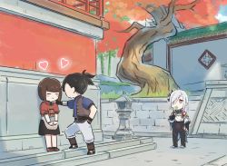 Rule 34 | 1boy, 2girls, against wall, architecture, black hair, blush, brown hair, character request, chibi, day, east asian architecture, eating flower, faceless, faceless male, flower, full body, genshin impact, hand in pocket, hand on wall, heart, highres, kabedon, light smile, looking at another, multiple girls, outdoors, running bond, shenhe (genshin impact), spoken heart, standing, stone lantern, stone wall, tree, wall, xinzoruo