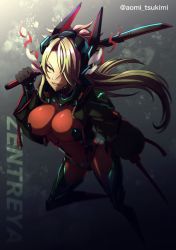 Rule 34 | 1girl, aomi tsukimi, artist name, black jacket, bodysuit, breasts, character name, commentary, cyberpunk, english commentary, fangs, glowing, glowing eyes, hair over one eye, highres, holding, holding sword, holding weapon, jacket, katana, large breasts, long hair, long sleeves, looking at viewer, open mouth, over shoulder, red bodysuit, slit pupils, smile, sword, sword over shoulder, virtual youtuber, vshojo, weapon, weapon over shoulder, white hair, yellow eyes, zentreya, zentreya (cyborg), zentreya (cyborg) (1st costume)