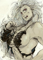 Rule 34 | 1girl, bavensky, breasts, dorohedoro, earrings, jewelry, large breasts, long hair, muscular, noi (dorohedoro), red eyes, sideboob, solo, torn clothes, white hair