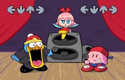 Rule 34 | backwards hat, curtains, fake screenshot, formal, friday night funkin&#039;, grin, hat, highres, king dedede, kirby, kirby (series), looking at another, microphone, nintendo, no humans, open mouth, parody, pink hair, rariatto (ganguri), ribbon (kirby), shoes, smile, speaker, stage, suit, sweat
