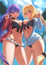 Rule 34 | 2girls, beach, bikini, black bikini, black hairband, blue eyes, blue jacket, blue sky, blunt bangs, blush, braid, breasts, choker, cleavage, closed mouth, commentary request, day, earrings, fate/apocrypha, fate/grand order, fate (series), hair between eyes, hairband, hand gesture, highres, hip focus, jacket, jeanne d&#039;arc (fate), jeanne d&#039;arc (ruler) (fate), jeanne d&#039;arc (swimsuit archer) (fate), jeanne d&#039;arc (swimsuit archer) (first ascension) (fate), jewelry, kanki (kibunhasaikou), large breasts, long braid, long hair, long sleeves, looking at viewer, low-tied long hair, martha (fate), martha (swimsuit ruler) (fate), martha (swimsuit ruler) (second ascension) (fate), multiple girls, navel, open clothes, open jacket, open mouth, outdoors, palm tree, purple hair, red jacket, single braid, sky, smile, swimsuit, thighs, tree, v, very long hair