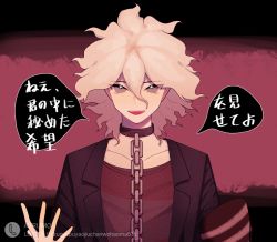 Rule 34 | 1boy, :d, black background, black jacket, chain, collar, collarbone, danganronpa (series), danganronpa another episode: ultra despair girls, gloves, grey hair, hair between eyes, jacket, komaeda nagito, looking at viewer, male focus, metal collar, mittens, open clothes, open jacket, open mouth, red background, red mittens, red shirt, servant (danganronpa), shirt, smile, solo, speech bubble, striped clothes, striped gloves, teeth, translation request, two-tone shirt, upper body, upper teeth only, watermark, yib (2725116528)