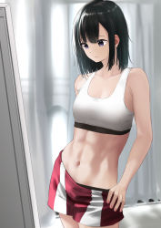 Rule 34 | 1girl, abs, absurdres, bare arms, bare shoulders, black hair, breasts, cleavage, closed mouth, clothes pull, collarbone, cowboy shot, curtains, hanebado!, highres, indoors, looking at mirror, medium breasts, mirror, navel, purple eyes, red shorts, shiwahime yuika, short hair, shorts, shorts pull, solo, sports bra, stomach, tama (tamago)