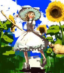 Rule 34 | 1girl, apron, arms behind back, bad id, bad pixiv id, bamboo broom, blonde hair, broom, chirigami-san, female focus, flower, hat, kirisame marisa, sketch, smile, solo, sunflower, touhou, waist apron, witch hat