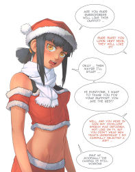 Rule 34 | 1girl, absurdres, black hair, blunt bangs, breasts, brown eyes, christmas, commentary, detached sleeves, english text, fang, fur-trimmed headwear, fur-trimmed sleeves, fur trim, gloomy (leonzo), grey background, hat, highres, khmuro, leonzo, looking at viewer, medium breasts, midriff, navel, open mouth, original, red hat, red skirt, santa costume, santa hat, scarf, sidelocks, simple background, skin fang, skirt, solo, speech bubble, stomach, teeth, upper teeth only, white scarf