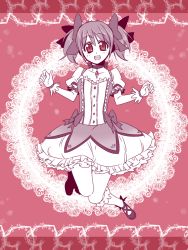 Rule 34 | 10s, 1girl, bow, bubble skirt, dress, frilled skirt, frills, gloves, hair bow, happy, highres, kaname madoka, magical girl, mahou shoujo madoka magica, mahou shoujo madoka magica (anime), miniskirt, pink background, pink skirt, pink theme, samsara (ring), short twintails, skirt, smile, solo, twintails