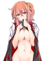Rule 34 | 1girl, ahoge, blush, breasts, covered mouth, covering own mouth, crossed bangs, fate/grand order, fate (series), fujimaru ritsuka (female), hair between eyes, hair ornament, hair scrunchie, medium breasts, navel, open clothes, orange eyes, orange hair, out-of-frame censoring, scrunchie, shino-o, short hair, side ponytail, simple background, solo, white background