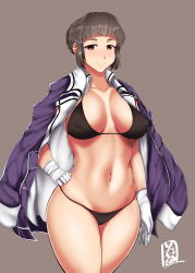 Rule 34 | 10s, 1girl, bad id, bad pixiv id, bikini, breasts, brown background, brown eyes, brown hair, curvy, eyebrows, female focus, gloves, hand on own hip, highres, jacket, kantai collection, large breasts, meicha, myoukou (cruiser), myoukou (kancolle), short hair, simple background, solo, swimsuit, thighs, wide hips