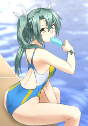 Rule 34 | 1girl, absurdres, akito (sub707), ass, blue one-piece swimsuit, bracelet, breasts, competition swimsuit, eating, food, green hair, hair between eyes, hair ribbon, highres, jewelry, kantai collection, light blush, long hair, looking at viewer, looking back, medium breasts, multicolored clothes, multicolored swimsuit, one-piece swimsuit, pool, poolside, popsicle, ribbon, sitting, solo, swimsuit, twintails, water, white ribbon, yellow eyes, yellow one-piece swimsuit, zuikaku (kancolle)