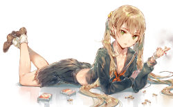 Rule 34 | 1girl, black serafuku, black skirt, blush, breasts, brown footwear, brown hair, character request, cigarette, cigarette pack, cleavage, collarbone, copyright request, crop top, dsmile, full body, green eyes, loafers, long hair, long sleeves, looking at viewer, lying, midriff, neckerchief, on stomach, open mouth, pleated skirt, reflection, school uniform, serafuku, shoes, simple background, skirt, smoking, socks, solo, twintails, very long hair, white background, white socks