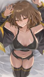 Rule 34 | 1girl, anis (nikke), arms up, bare shoulders, black jacket, black shirt, black shorts, black thighhighs, breasts, brown hair, cat hair ornament, cleavage, collarbone, crop top, goddess of victory: nikke, grin, hair ornament, highres, hood (james x), jacket, large breasts, long sleeves, looking at viewer, lying, navel, off shoulder, on back, open clothes, open jacket, shirt, short hair, short shorts, shorts, smile, solo, thighhighs, thighs, yellow eyes